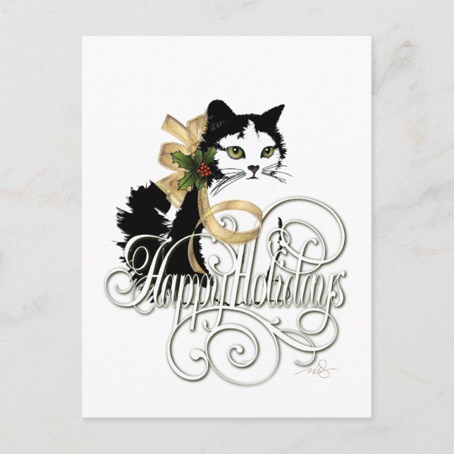 Black and White Holiday Cat Postcard (Front)