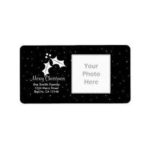 Black and White Holly and Stars Christmas Photo  Label