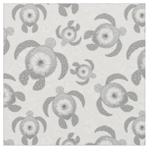 Black and White Honu Sea Turtles Hibiscus Flowers Fabric