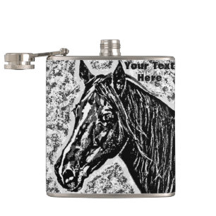 black and white horse portrait equine art hip flask