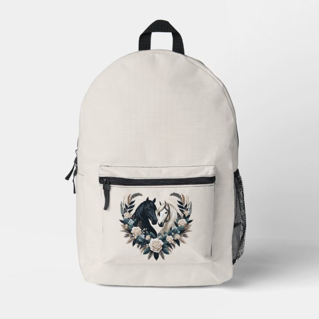 Black and White Horses in Love Printed Backpack (Front)