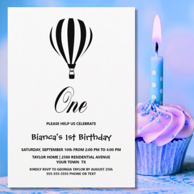 Black and White Hot Air Balloon 1st Birthday Party Invitation (Creator Uploaded)