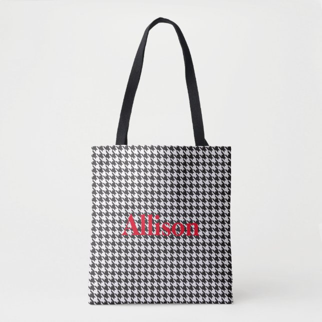 Black and White Houndstooth Pattern Personalised Tote Bag (Front)