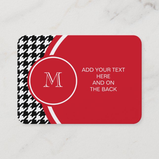 Black and White Houndstooth Red Monogram Business Card (Front)