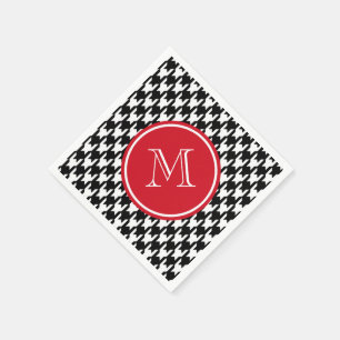 Black and White Houndstooth Red Monogram Napkin