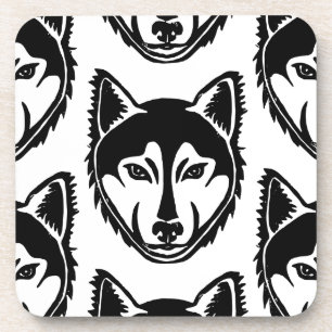 Black and White Husky Portrait Lino Cut Pattern Coaster