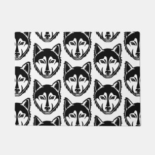 Black and White Husky Portrait Lino Cut Pattern Doormat
