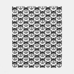 Black and White Husky Portrait Lino Cut Pattern Fleece Blanket