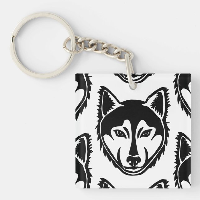 Black and White Husky Portrait Lino Cut Pattern Key Ring (Front)