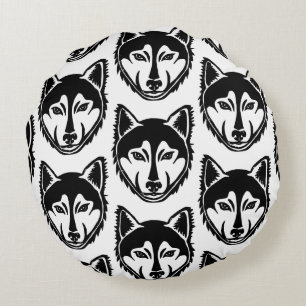 Black and White Husky Portrait Lino Cut Pattern Round Cushion