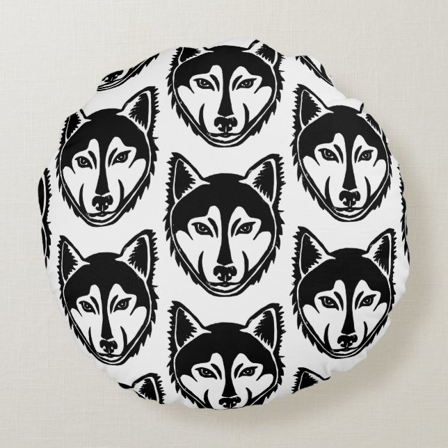 Black and White Husky Portrait Lino Cut Pattern Round Cushion (Back)