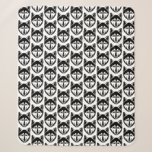 Black and White Husky Portrait Lino Cut Pattern Sherpa Blanket (Front)