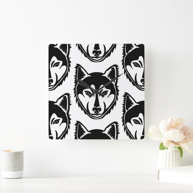Black and White Husky Portrait Lino Cut Pattern Square Wall Clock (Home)