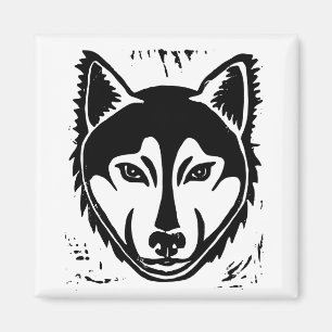 Black and White Husky Portrait Lino Cut Print Magnet