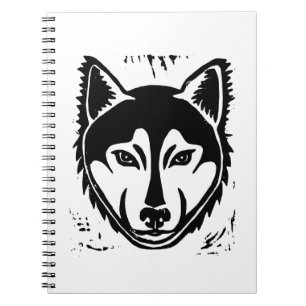 Black and White Husky Portrait Lino Cut Print Notebook