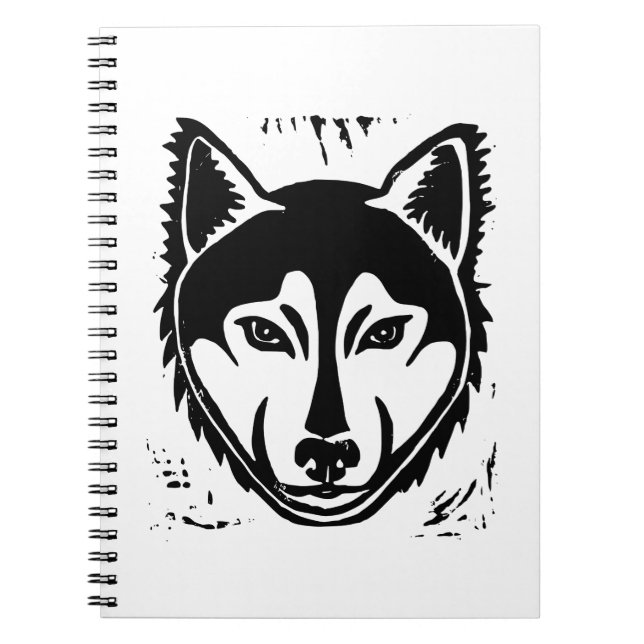 Black and White Husky Portrait Lino Cut Print Notebook (Front)