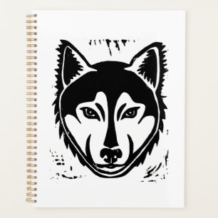 Black and White Husky Portrait Lino Cut Print Planner