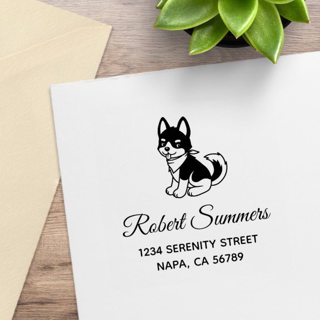 Black and White Husky Puppy Dog Address Rubber Stamp (Creator Uploaded)