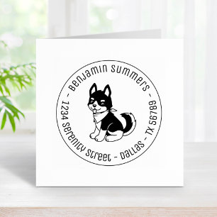 Black and White Husky Puppy Dog Round Address Rubber Stamp
