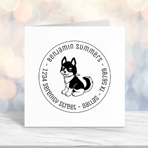 Black and White Husky Puppy Dog Round Address Self-inking Stamp