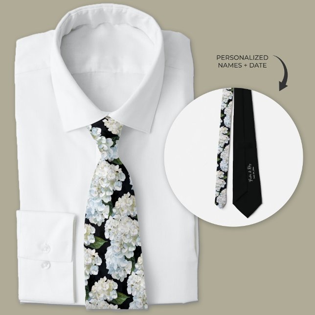 Black and White Hydrangea Groomsmen Tie (Black and White Hydrangea Floral wedding ties.)
