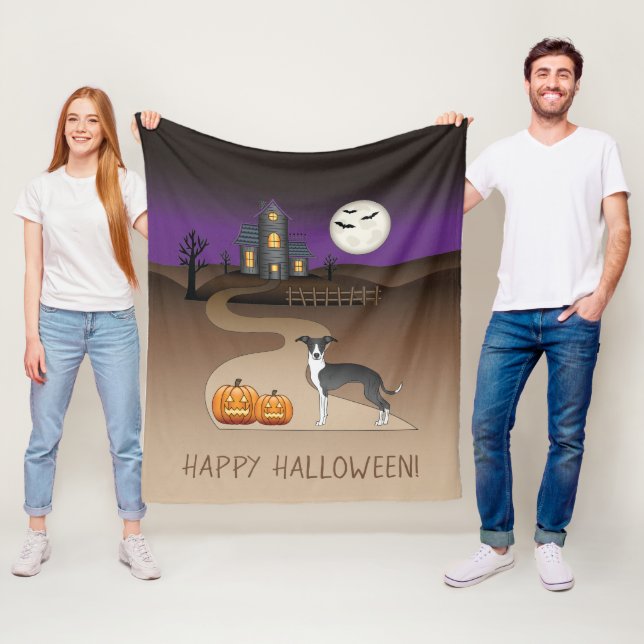 Black And White Iggy And Halloween Haunted House Fleece Blanket (In Situ)