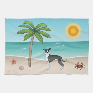 Black And White Iggy Dog At Tropical Summer Beach Tea Towel