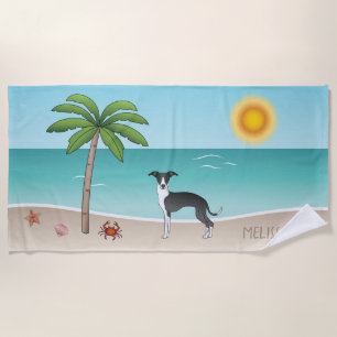 Black And White Iggy Dog At Tropical Summer Beach Towel