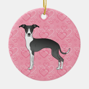 Black And White Iggy Dog Pink Hearts Pet Memorial Ceramic Tree Decoration