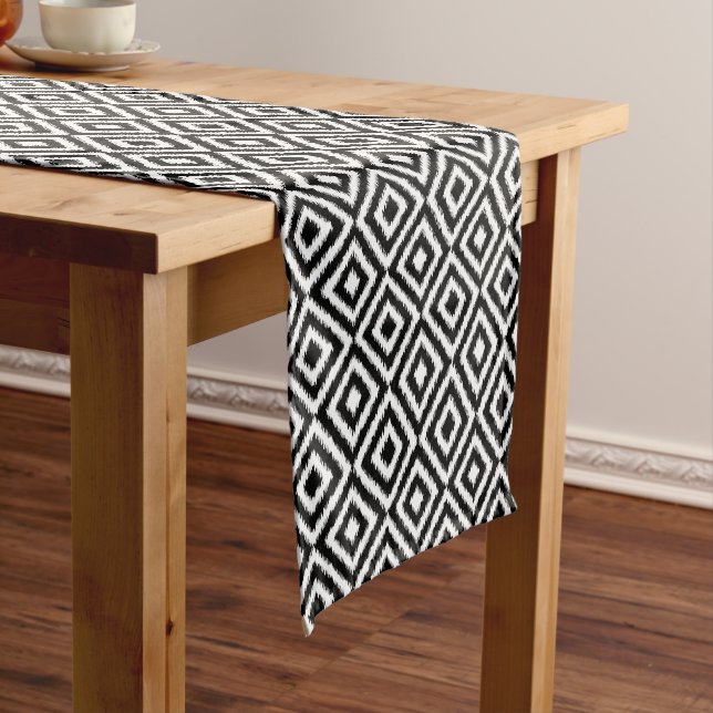 Black And White Ikat Squares Mosaic Art Pattern Short Table Runner (In Situ)