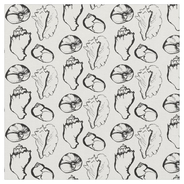 Black and White Illustrated Seashell Pattern Fabric (Close Up)