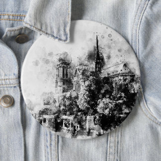 Black and White Illustration Notre-Dame Cathedral 6 Cm Round Badge