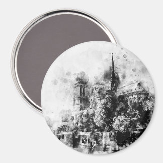 Black and White Illustration Notre-Dame Cathedral Magnet