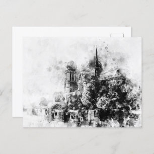 Black and White Illustration Notre-Dame Cathedral Postcard
