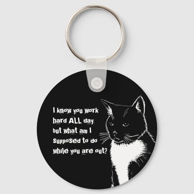 Black and white illustration of Funny Cat Key Ring (Front)