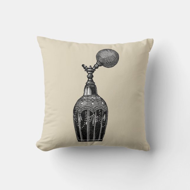 black and white illustration, perfume bottle, cushion (Front)