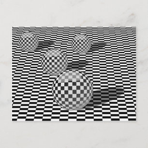 Black and white illustration with balls on a chess postcard
