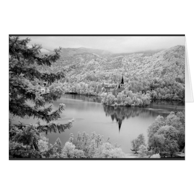Black and white image of Lake Bled, Slovenia (Front Horizontal)