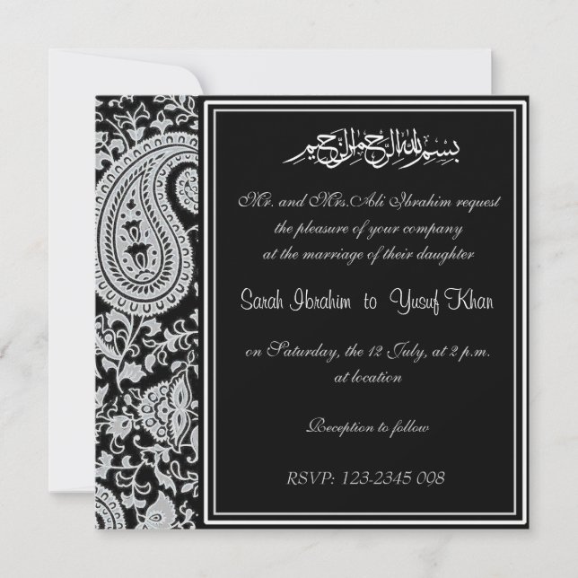 Black and White Indian Damask Muslim wedding Invitation (Front)
