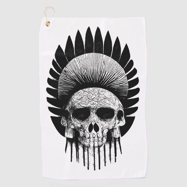 Black And White Indian Skull Golf Towel (Front)