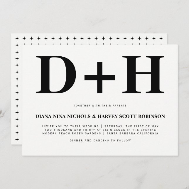 Black and white initials bold typography wedding invitation (Front/Back)