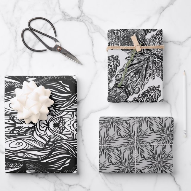 Black and White ink drawings Wrapping Paper Sheet (Front)