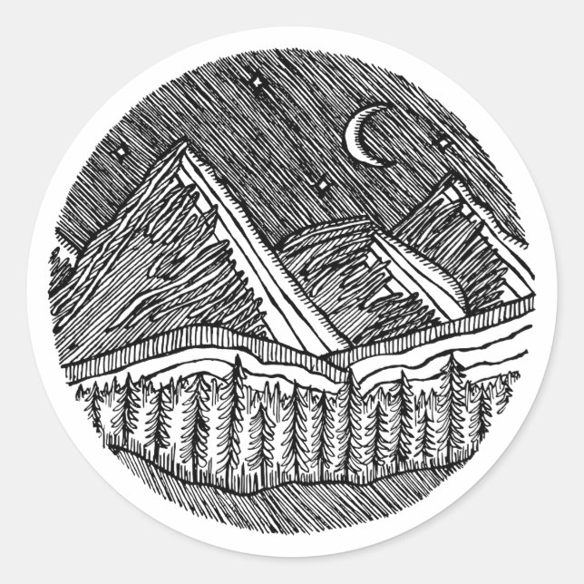 Black and White Ink-Drawn Round Alp Landscape Classic Round Sticker (Front)