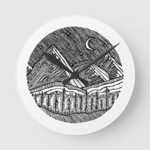 Black and White Ink-Drawn Round Alp Landscape Clock