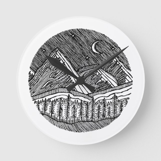 Black and White Ink-Drawn Round Alp Landscape Clock (Front)