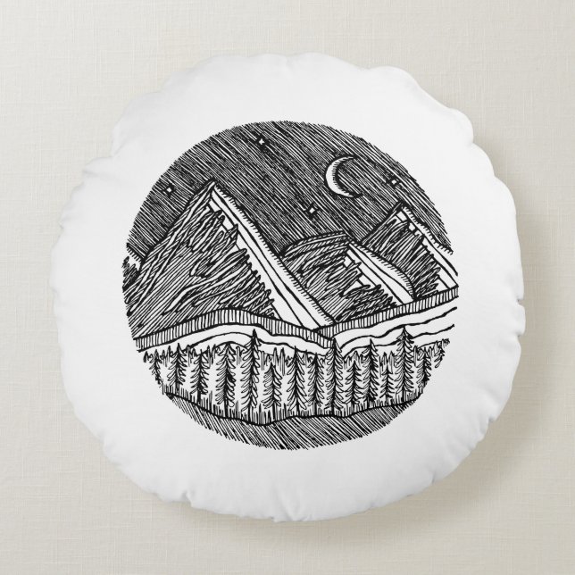 Black and White Ink-Drawn Round Alp Landscape Round Cushion (Front)