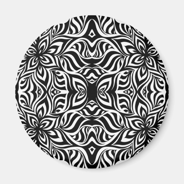 Black and White Ink Fractal Flowers Magnet (Front)