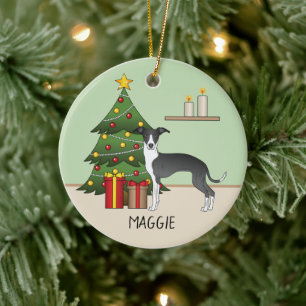 Black And White Italian Greyhound & Christmas Tree Ceramic Tree Decoration