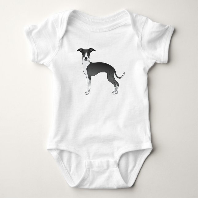 Black And White Italian Greyhound Cute Cartoon Dog Baby Bodysuit (Front)