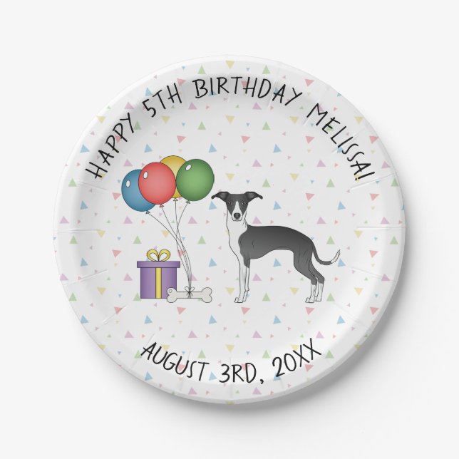 Black And White Italian Greyhound Dog Birthday Paper Plate (Front)
